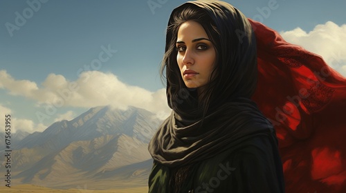 realistic depiction of an iran woman, copy space, 16:9