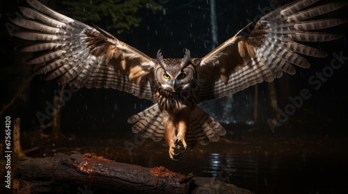 image of an owl, wings fully spread diving for its prey in the dead of night, 16:9