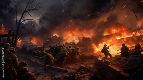 Tableau sur toile illustration battle scenes ww2, world war 2, copy space, 16:9