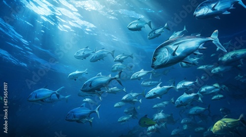 capture a school of fish swimming in harmongy in the depths of the ocea, copy space, 16:9 photo
