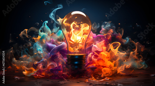 Creative light bulb explodes with colorful paint and colors with copy space 