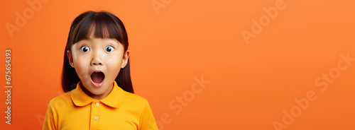 Portrait of surprised asian boy on bright colors studio backgroud, excitement and fascination, shocked and amazed kid with unexpected thing happen
