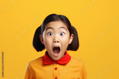 Portrait of surprised asian girl on bright colors studio backgroud, excitement and fascination, shocked and amazed kid with unexpected thing happen