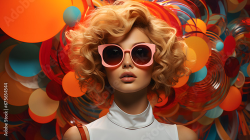 Fashion retro futuristic girl on background with circle pop art background. Woman in sunglasses in surrealistic 60s-70s disco club culture life style