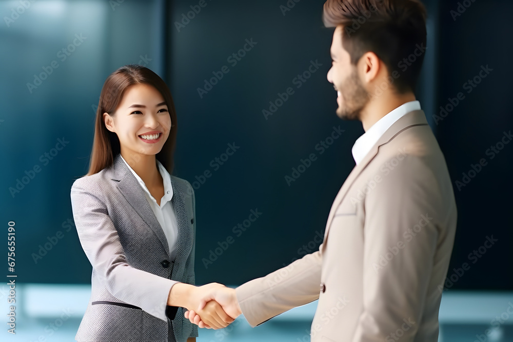 Asian young woman shaking hands with businessman Asian young woman shaking hands with businessman
