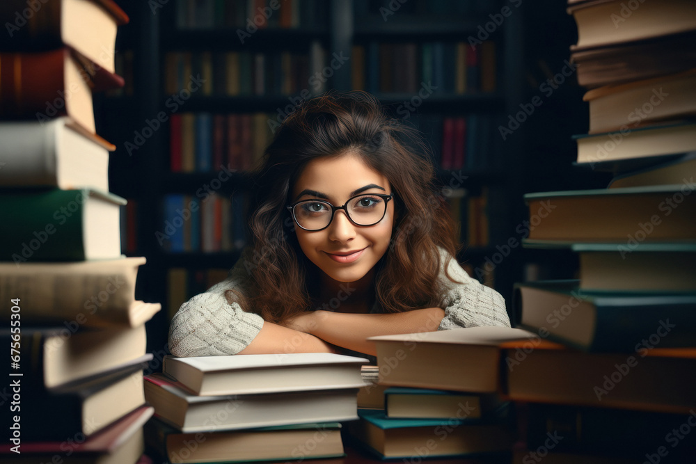 young indian female student with stack of books young indian female student with stack of books
