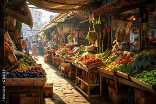 A picture of a vibrant fruit and vegetable stand at a bustling market. This image can be used to showcase the variety and freshness of produce available at local markets.