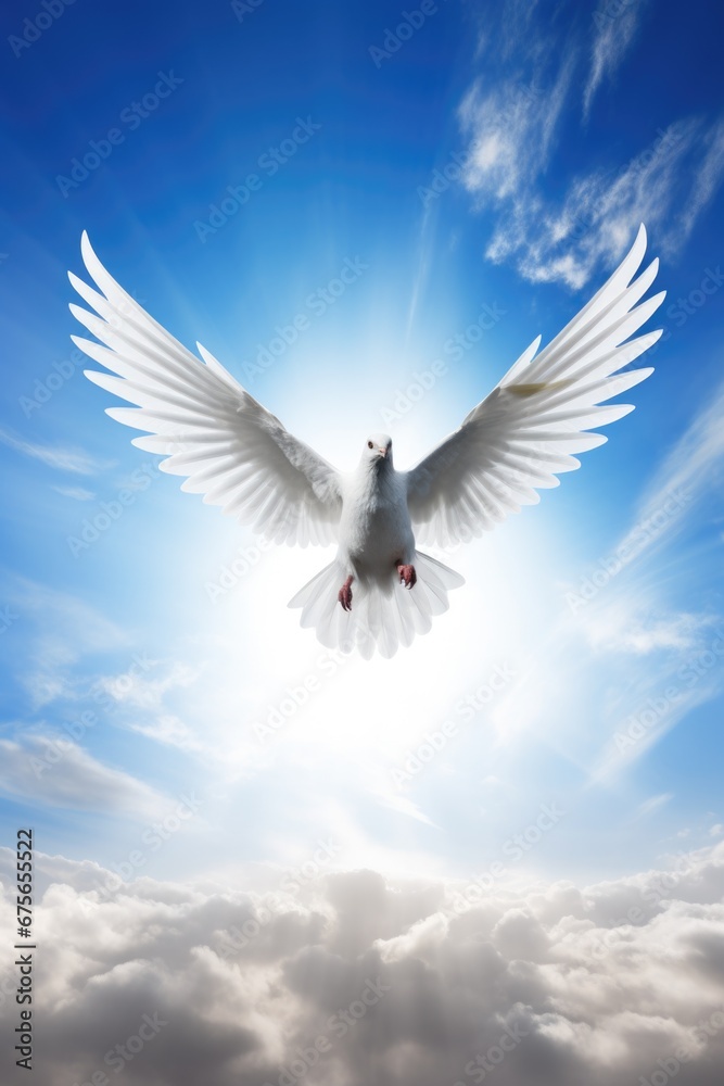 A white dove soaring through the sky with its wings outstretched. This image can be used to symbolize peace, freedom, or spirituality.