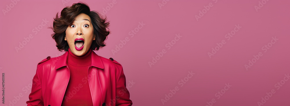 Portrait of surprised middle aged asian woman, bright colors studio backgroud with copyspace, excitement and fascination, shocked and amazed female with unexpected thing happen Portrait of surprised middle aged asian woman, bright colors studio backgroud with copyspace, excitement and fascination, shocked and amazed female with unexpected thing happen