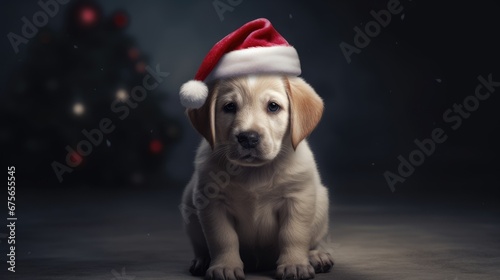Adorable little dog sitting with Santa hat. Created with Generative AI. 