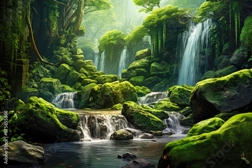 Beautiful waterfall in the deep forest with green mossy rocks.