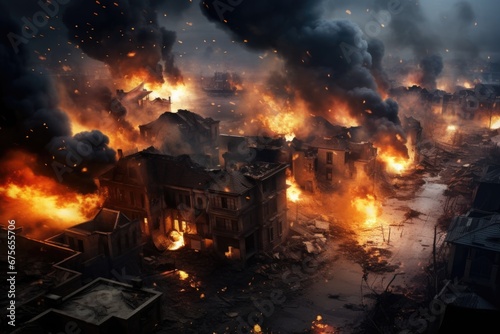 A city filled with lots of burning buildings. Perfect for illustrating disaster scenarios or post-apocalyptic themes.