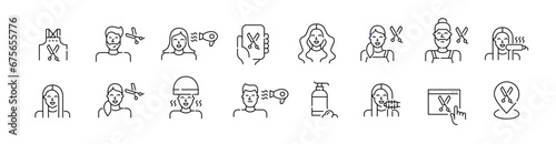 Hair salon procedures. Haircut, styling and blow drying. Pixel perfect, editable stroke icons set