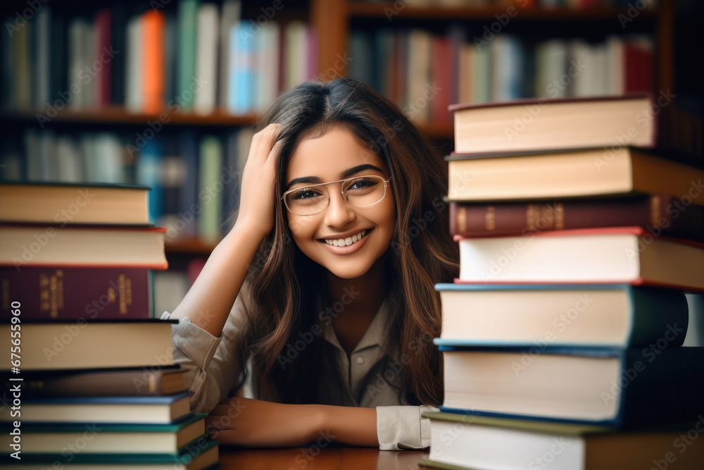 Young college girl sitting in library with many books and smiling Young college girl sitting in library with many books and smiling
