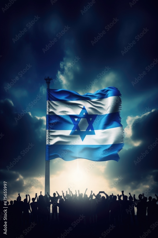 Naklejka premium A large Israeli flag flying high in the sky. Perfect for patriotic events and national celebrations