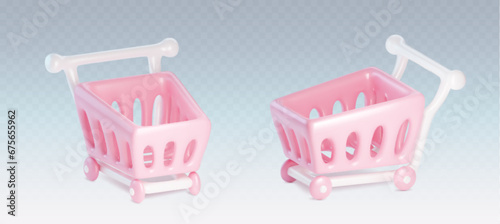 3d shop trolley cart for grocery isolated vector. Supermarket basket render pink icon set. Consumerism object concept for ecommerce promotion. Realistic plastic shopping hypermarket mall chariot.