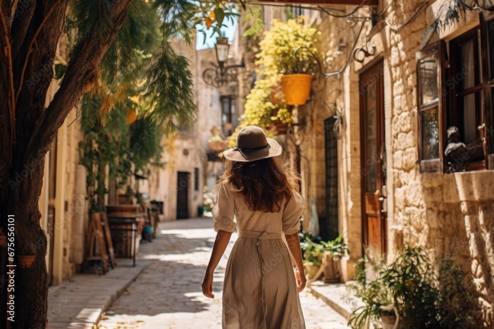 A woman wearing a hat is walking down a narrow street. This image can be used to depict urban exploration or a leisurely stroll in a quaint neighborhood