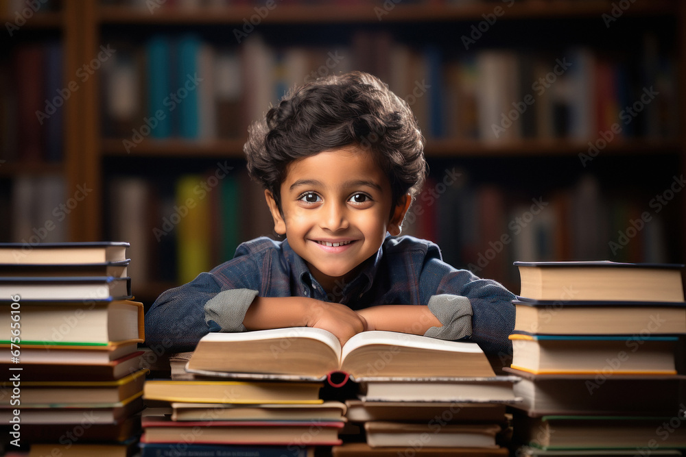 Indian little boy sitting in library with many books Indian little boy sitting in library with many books
