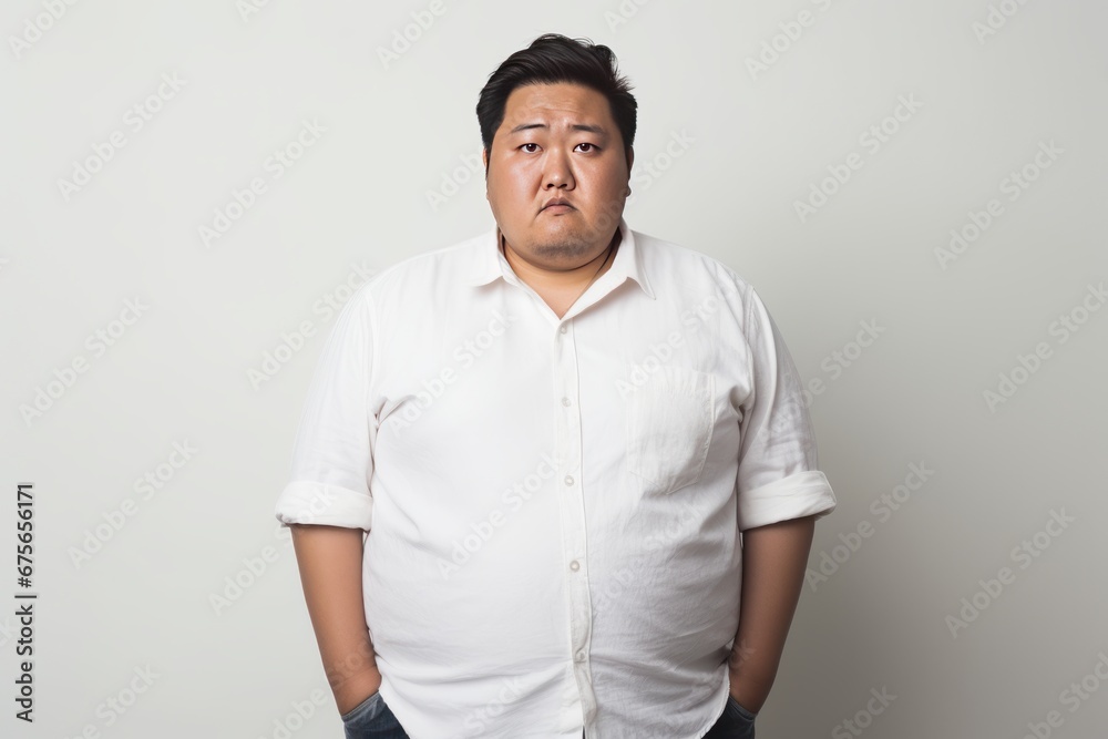 Depressed overweight man standing in modern studio, Portrait of tried chubby man Depressed overweight man standing in modern studio, Portrait of tried chubby man