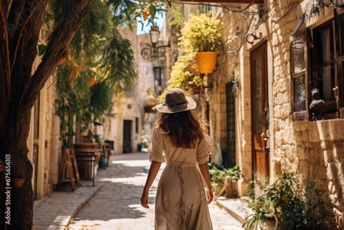 A woman wearing a hat is walking down a narrow street. This image can be used to depict urban exploration or a leisurely stroll in a quaint neighborhood