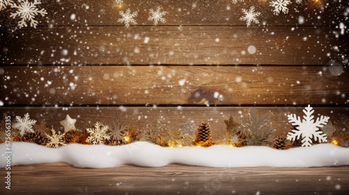 Christmas background with snowy fir trees and snowflakes.