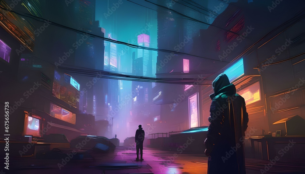 A cyberpunk cityscape with towering skyscrapers, bustling streets, and a hacker in a dimly lit alley working on a computer interface.