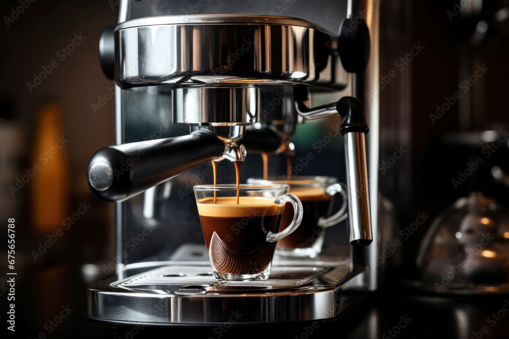 Photo of a coffee machine with freshly brewed cups of coffee Photo of a coffee machine with freshly brewed cups of coffee