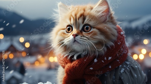 Beautiful fluffy holiday cat on winter snowy Christmas New Year blurred background with bokeh