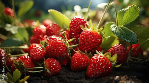 Fresh natural sweet red strawberries on branches in the garden bed. Concept of natural healthy eco food and farming