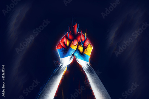 Guerre entre la Russie et l'Ukraine. Bras de fer entre deux mains sur lesquelles le drapeau de chaque pays est tatoué. Représentation symbolique du conflit entre la Russie et l'Ukraine sur fond noir.