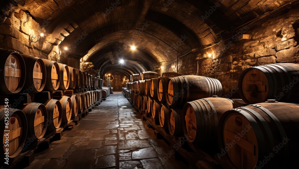 Wine barrels in underground cellar - obrazy, fototapety, plakaty 