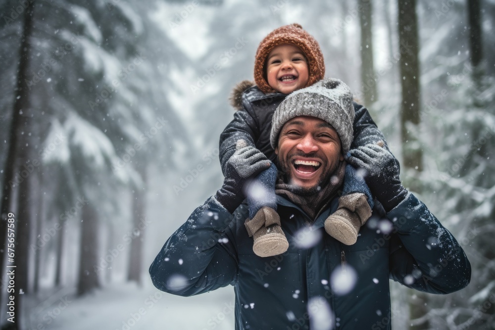 a man carrying a girl in his arms, twirling her around in the falling snow. Their smiles and the snowflakes create a heartwarming and whimsical scene.