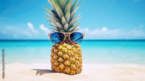 Pineapple with sunglasses on the beach. Vacation concept.