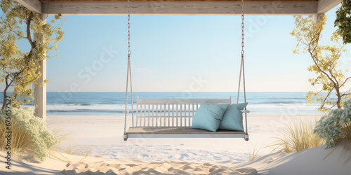 The swing hangs lazily from the porch, an invitation to sit and gaze out at the beach's serene beauty