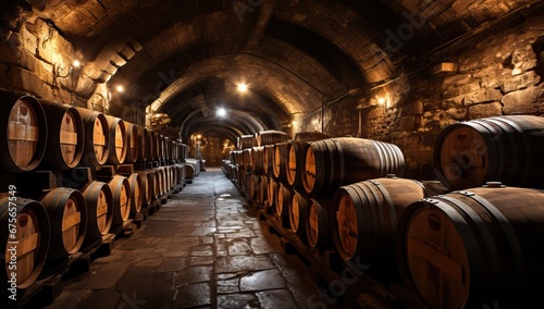 Wine barrels in underground cellar photo