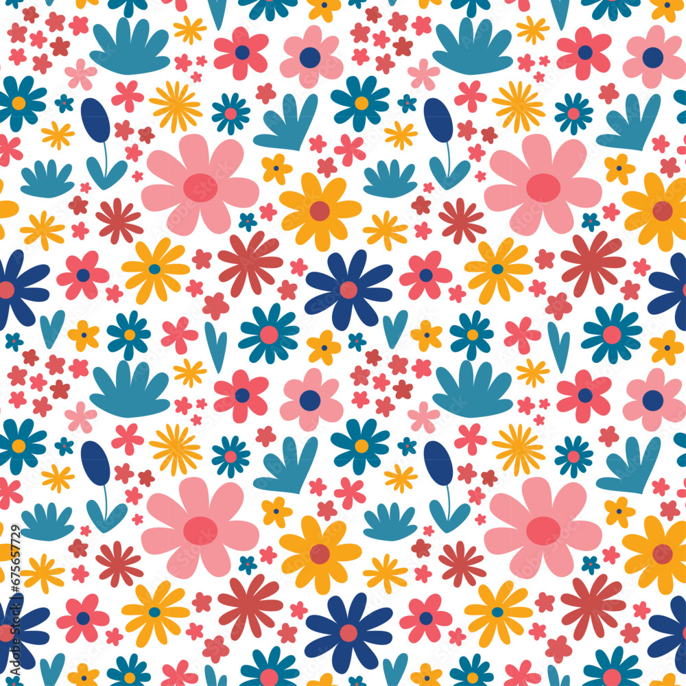 Retro spring floral flower pattern seamless repeat vector colourful