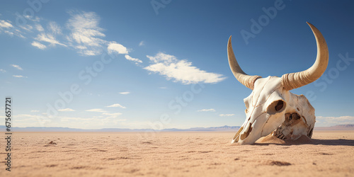 The bull skull rests on the desert floor, a stark relic against the backdrop of vast, sandy solitude