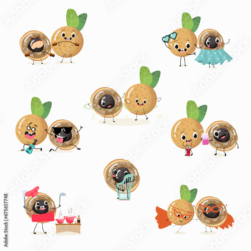 Set of vector cartoon characters Longan, funny vegetables, fruits. Fresh harvest, exotic, organic, vegetarian products, children's birthday, price tag, sticker. photo