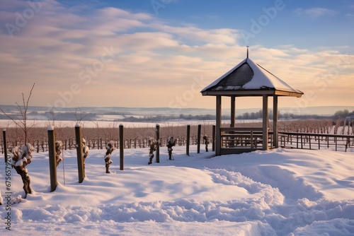 The warm glow of sunset bathes a gazebo amidst a snowy vineyard, contrasting the cool winter blues and whites. © DigitalArt