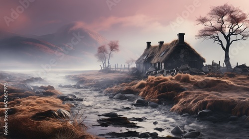 Thatched cottages nestle in a dusky moorland, veiled in mist and lit by a soft, ethereal glow at twilight.