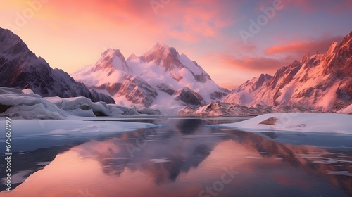 A fiery sunset reflects off the icy surface of a mountainous landscape  with pink clouds hovering above.