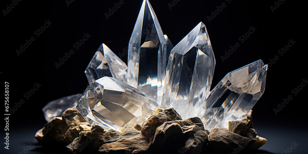 Against the dark backdrop, the crystals stand out, sharp and clear, a natural contrast of light and shadow Against the dark backdrop, the crystals stand out, sharp and clear, a natural contrast of light and shadow