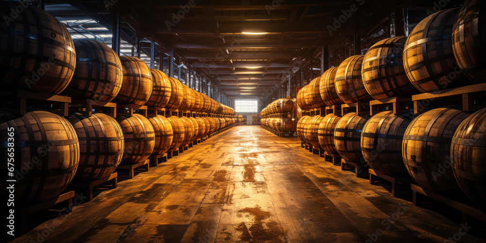 The barrels rest in the warehouse, their wooden curves a quiet promise of aging spirits within