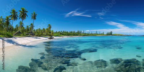 The beach unfolds in a panorama of beauty, with palm trees swaying above the gentle caress of shallow blue waters