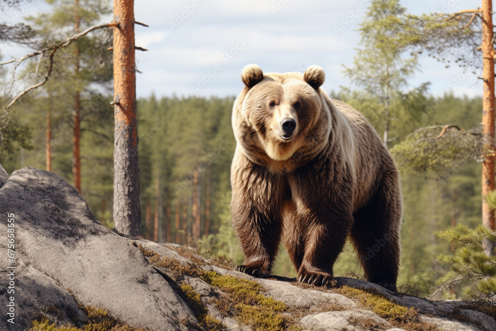 A fierce ursus arctos or giant brown bear walks through the green abundant pine forest. Generative AI. A fierce ursus arctos or giant brown bear walks through the green abundant pine forest. Generative AI.