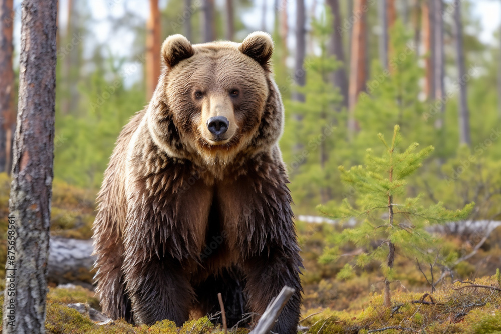 A fierce ursus arctos or giant brown bear walks through the green abundant pine forest. Generative AI. A fierce ursus arctos or giant brown bear walks through the green abundant pine forest. Generative AI.