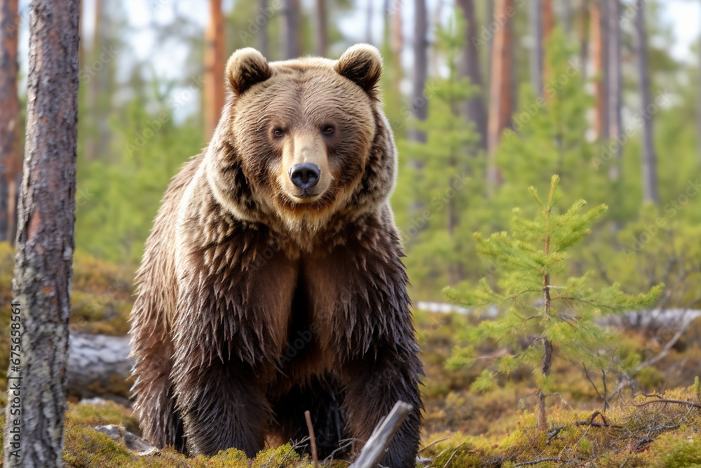 A fierce ursus arctos or giant brown bear walks through the green abundant pine forest. Generative AI.