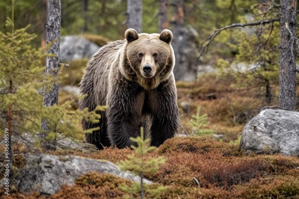 A fierce ursus arctos or giant brown bear walks through the green abundant pine forest. Generative AI. A fierce ursus arctos or giant brown bear walks through the green abundant pine forest. Generative AI.