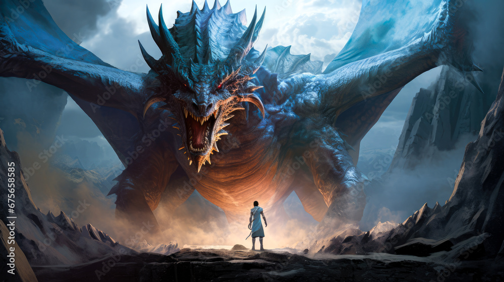 Fantasy scene with a knight and dragon. - obrazy, fototapety, plakaty 