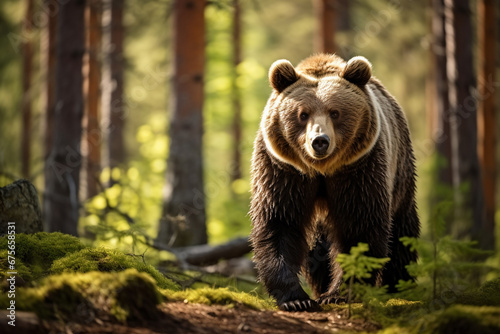 A fierce ursus arctos or giant brown bear walks through the green abundant pine forest. Generative AI.